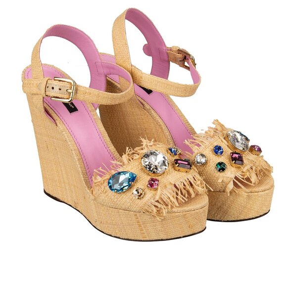 Dolce & Gabbana - Plateau Straw Sandals BIANCA with Crystals Beige EUR 40 - Picture 1 of 5
